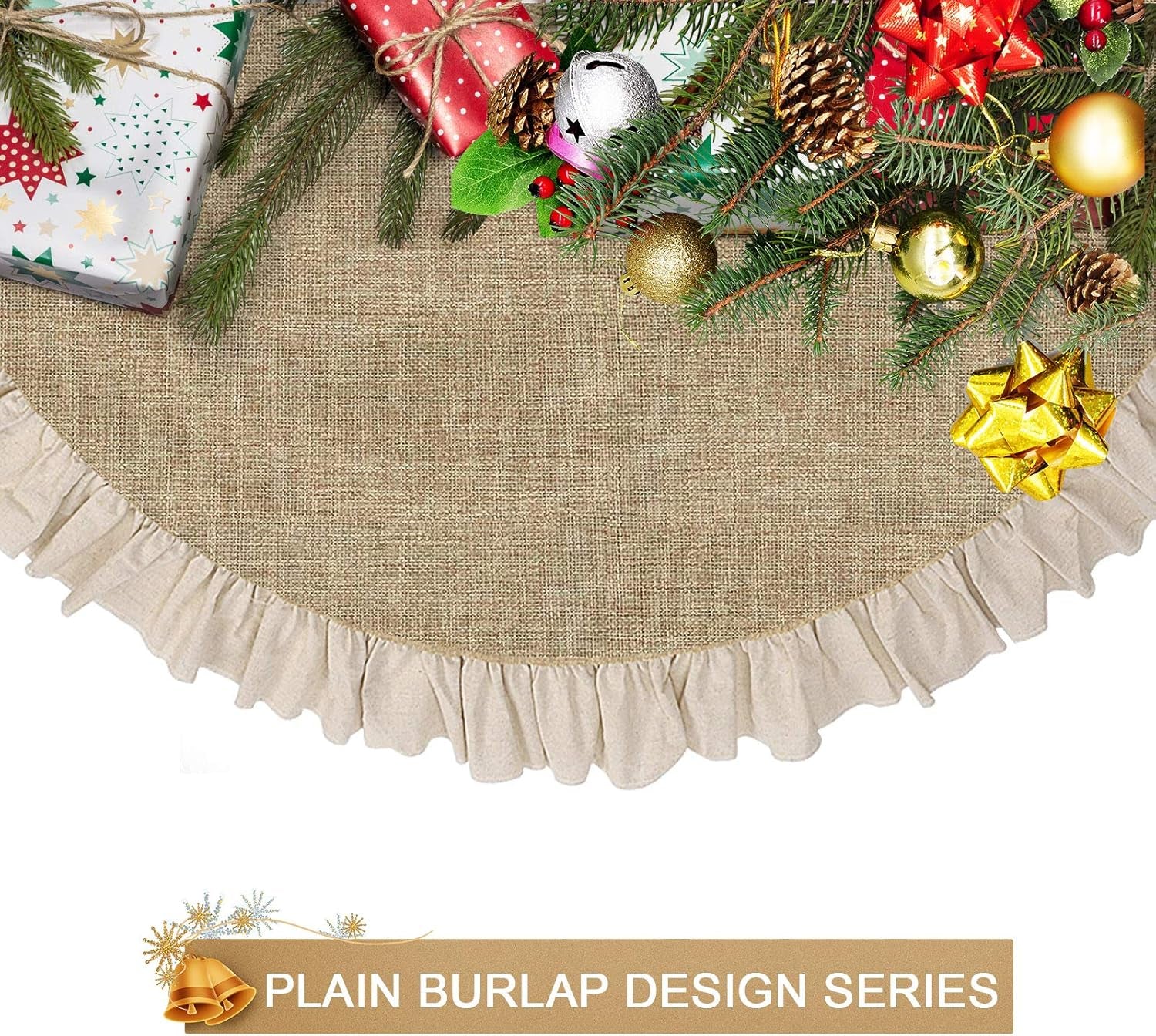 48" Burlap Fall Christmas Tree Skirt with Ruffle Border, Beach Farmhouse Tree Skirt Linen Rustic Tree Ornaments for Christmas Thanksgiving Holiday Party Decorations