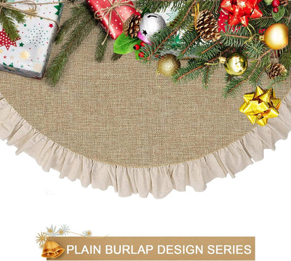48" Burlap Fall Christmas Tree Skirt with Ruffle Border, Beach Farmhouse Tree Skirt Linen Rustic Tree Ornaments for Christmas Thanksgiving Holiday Party Decorations