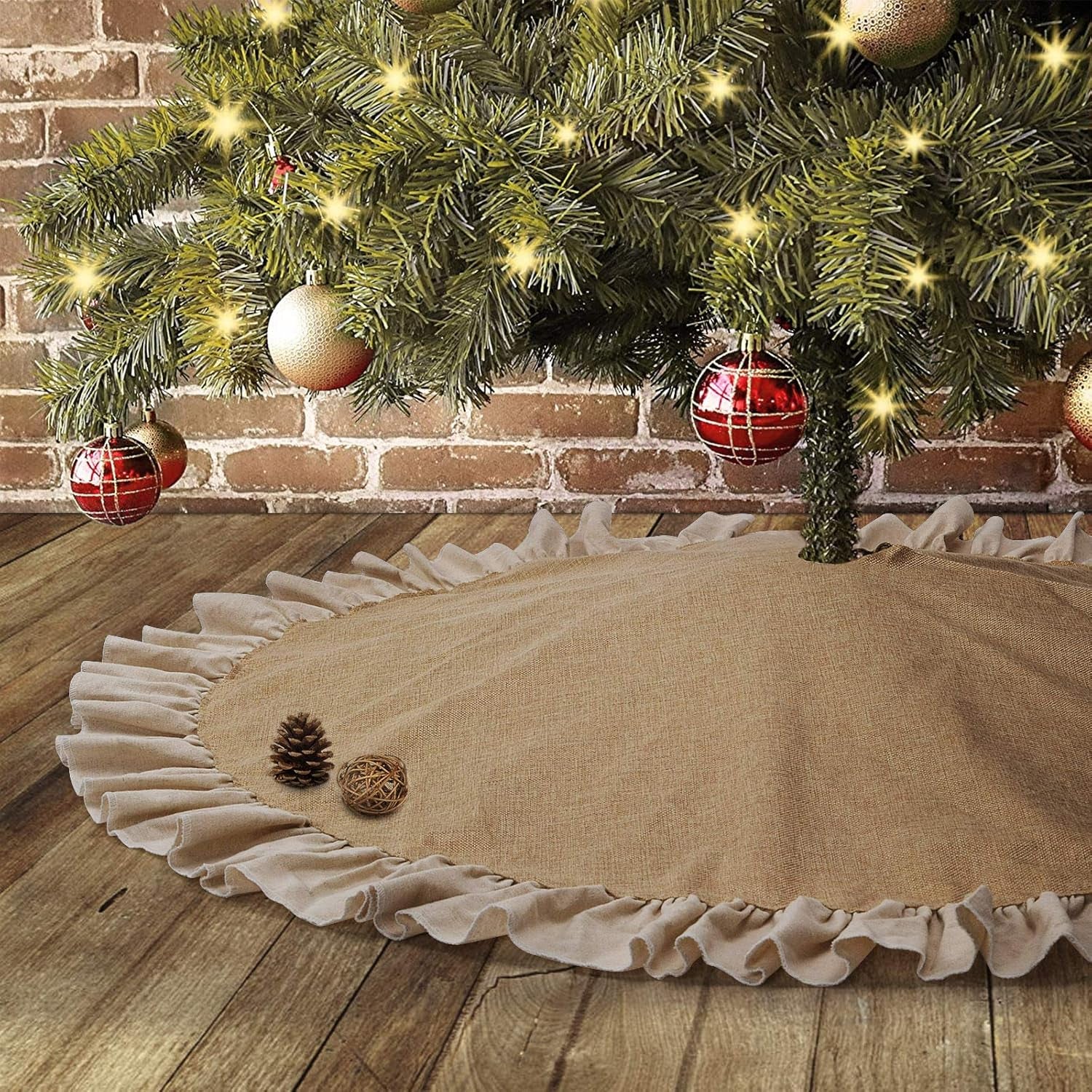 48" Burlap Fall Christmas Tree Skirt with Ruffle Border, Beach Farmhouse Tree Skirt Linen Rustic Tree Ornaments for Christmas Thanksgiving Holiday Party Decorations